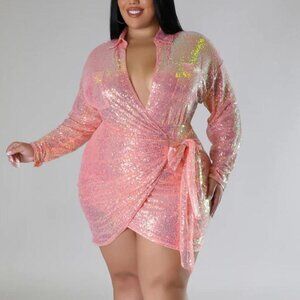 Plus Size Lovely Lady Collared Sequin Mini Dress